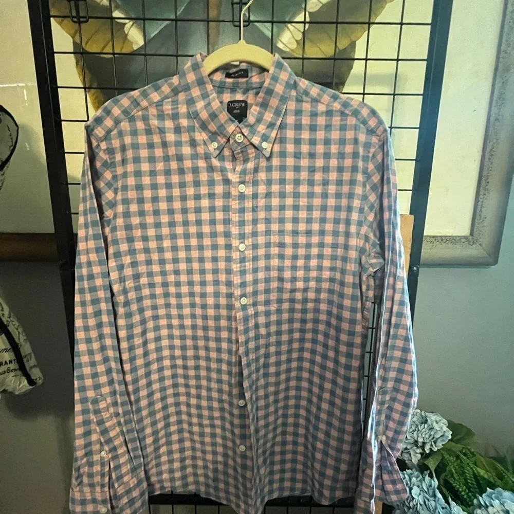 J. Crew Men's Pink and Blue Plaid Shirt